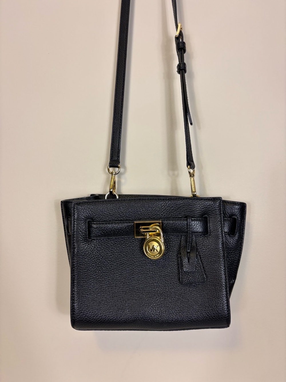 Michael Kors Black Pebbled Leather Medium Crossbody Purse with Gold Hardware